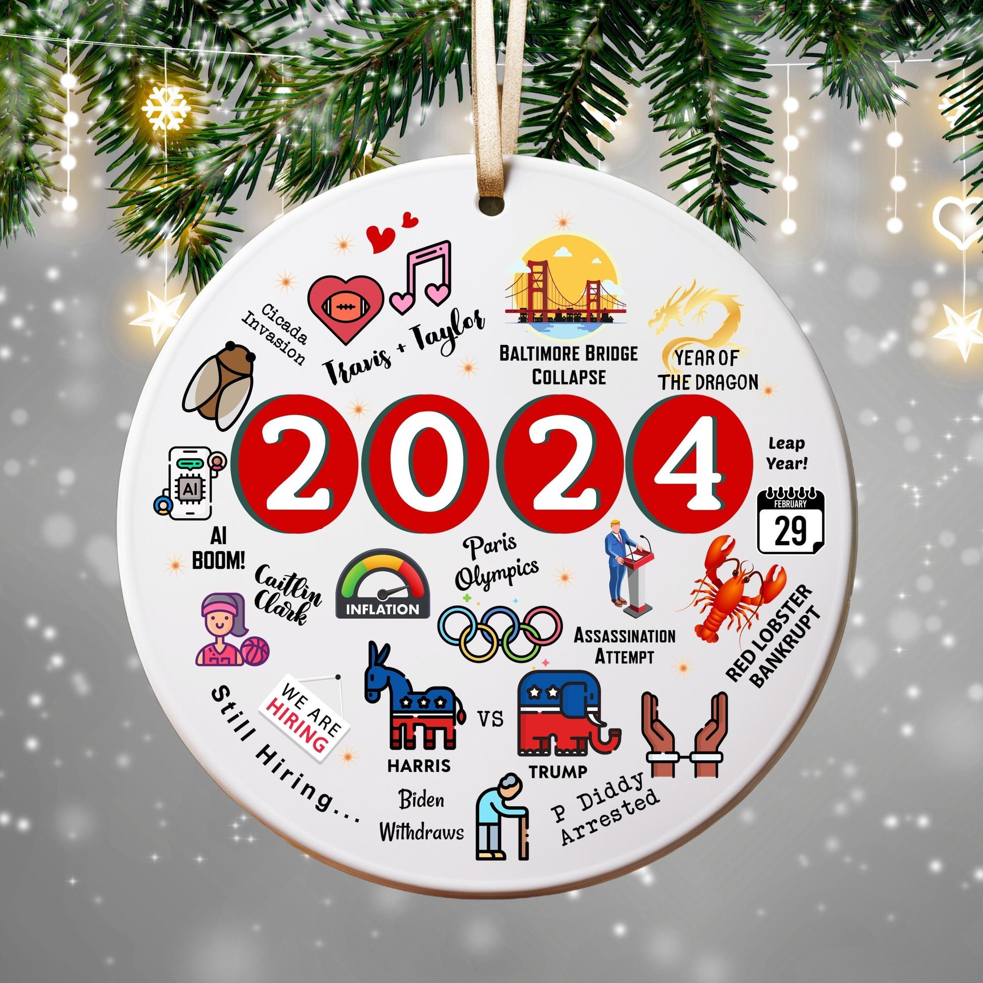 christmas ornament,coworker friend gift,funny xmas ornament,family holiday gift,a year to remember,christmas tree decor,stocking stuffer,2024 ornament,2024 year in review,2024 major events,cute funny ornament,trump biden harris,2024 election