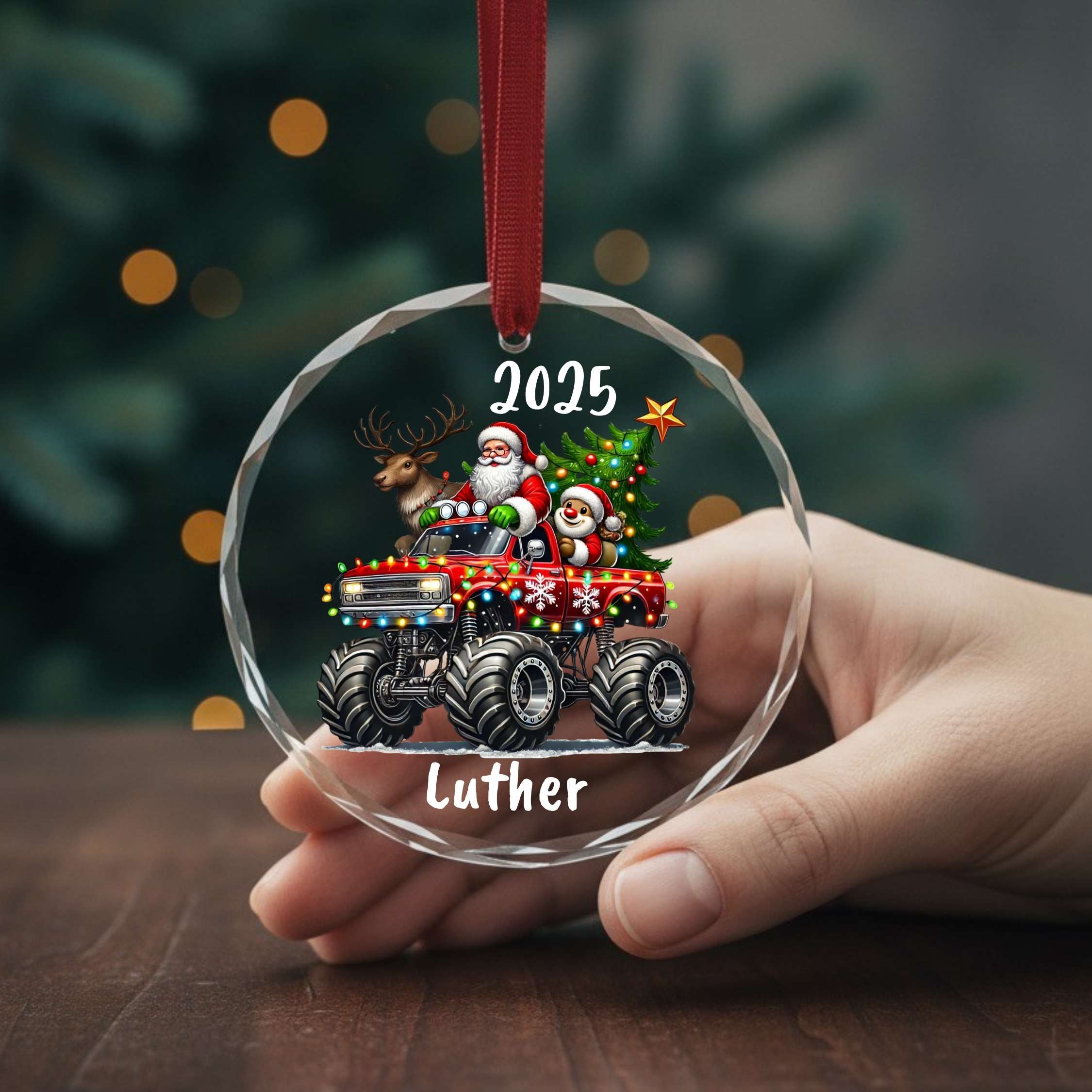Personalized Monster Truck Ornament 2025 | Custom Name Boy Gift Santa Truck Christmas Tree Decoration Ceramic Heart | Acrylic Glass Keepsake