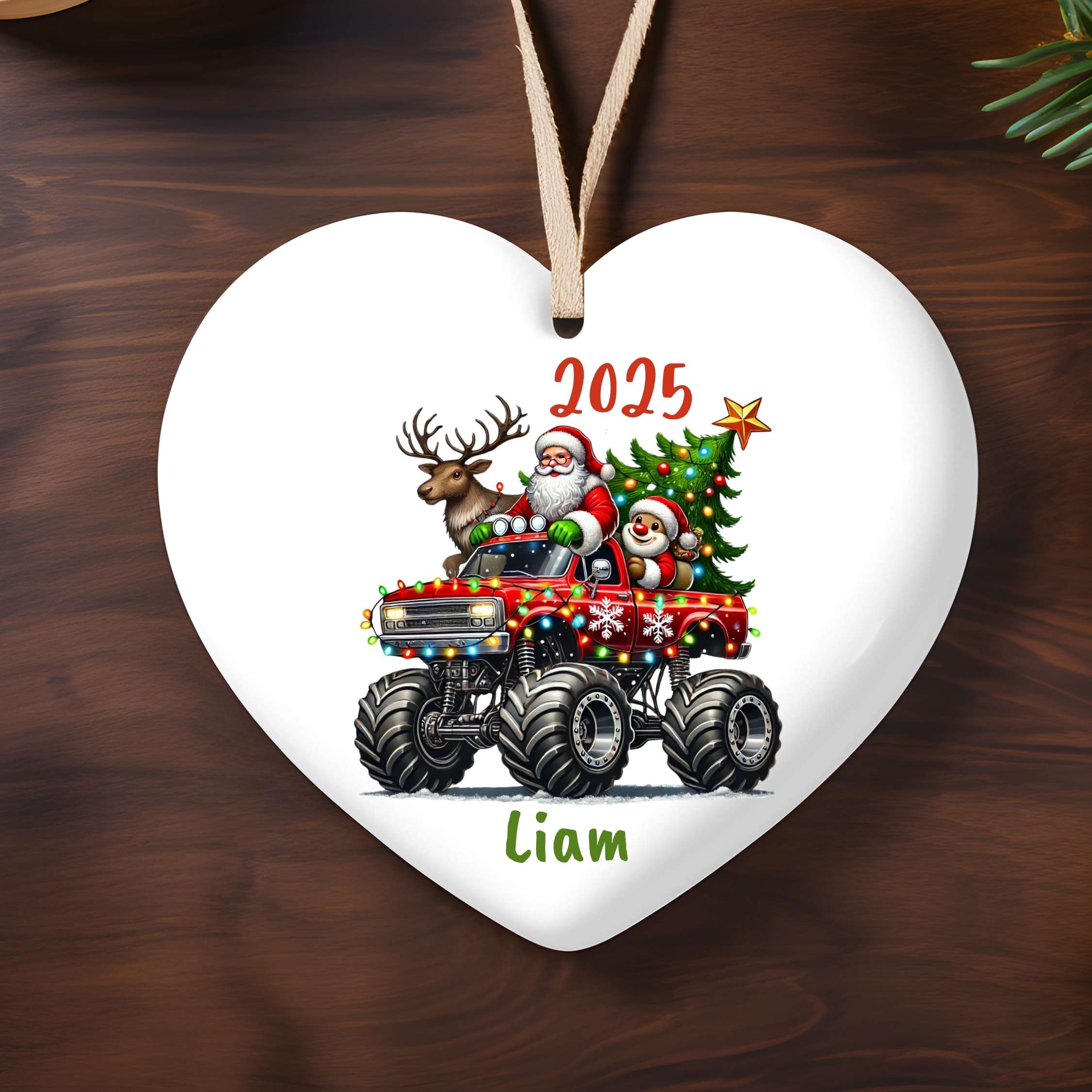 Personalized Monster Truck Ornament 2025 | Custom Name Boy Gift Santa Truck Christmas Tree Decoration Ceramic Heart | Acrylic Glass Keepsake