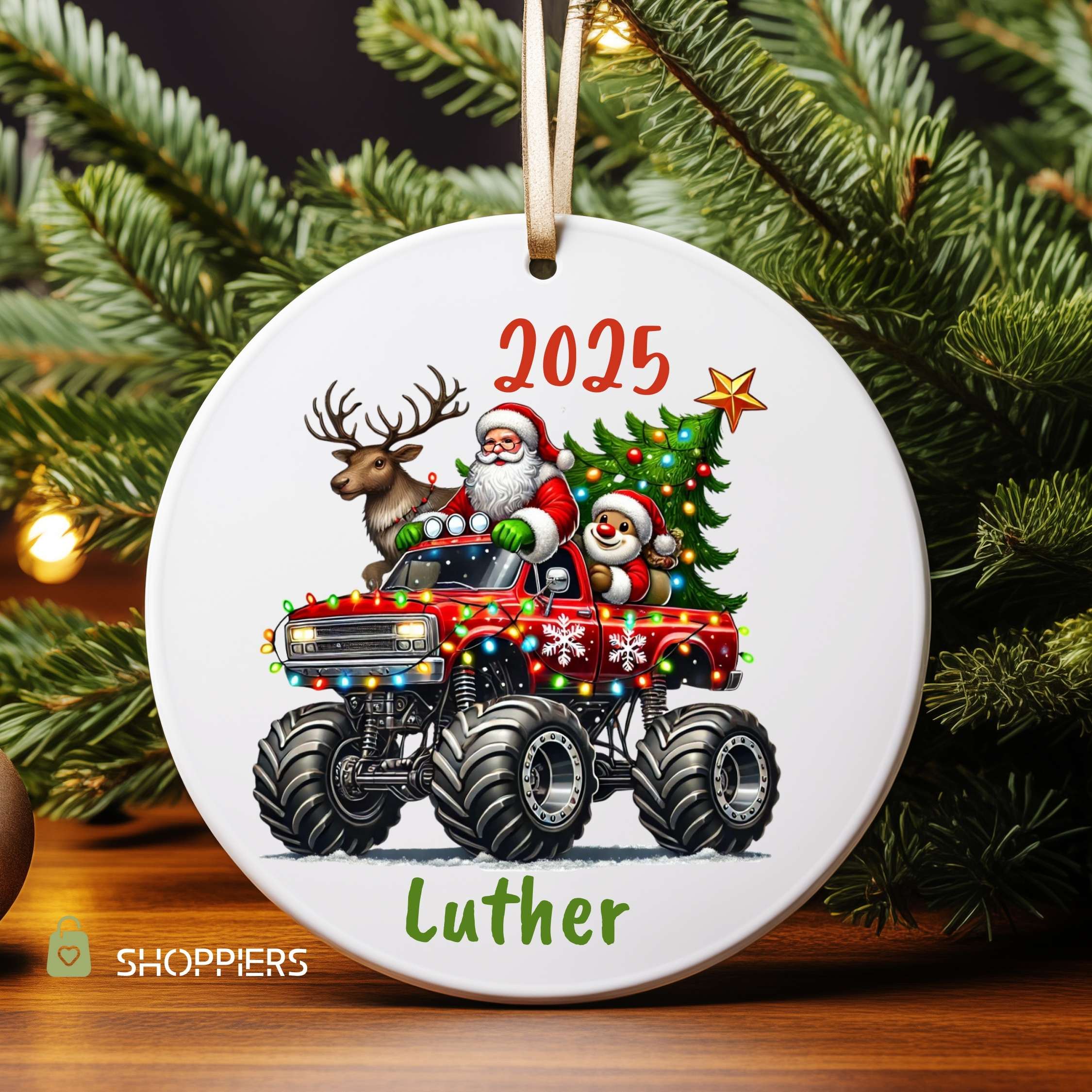 Personalized Monster Truck Ornament 2025 | Custom Name Boy Gift Santa Truck Christmas Tree Decoration Ceramic Heart | Acrylic Glass Keepsake