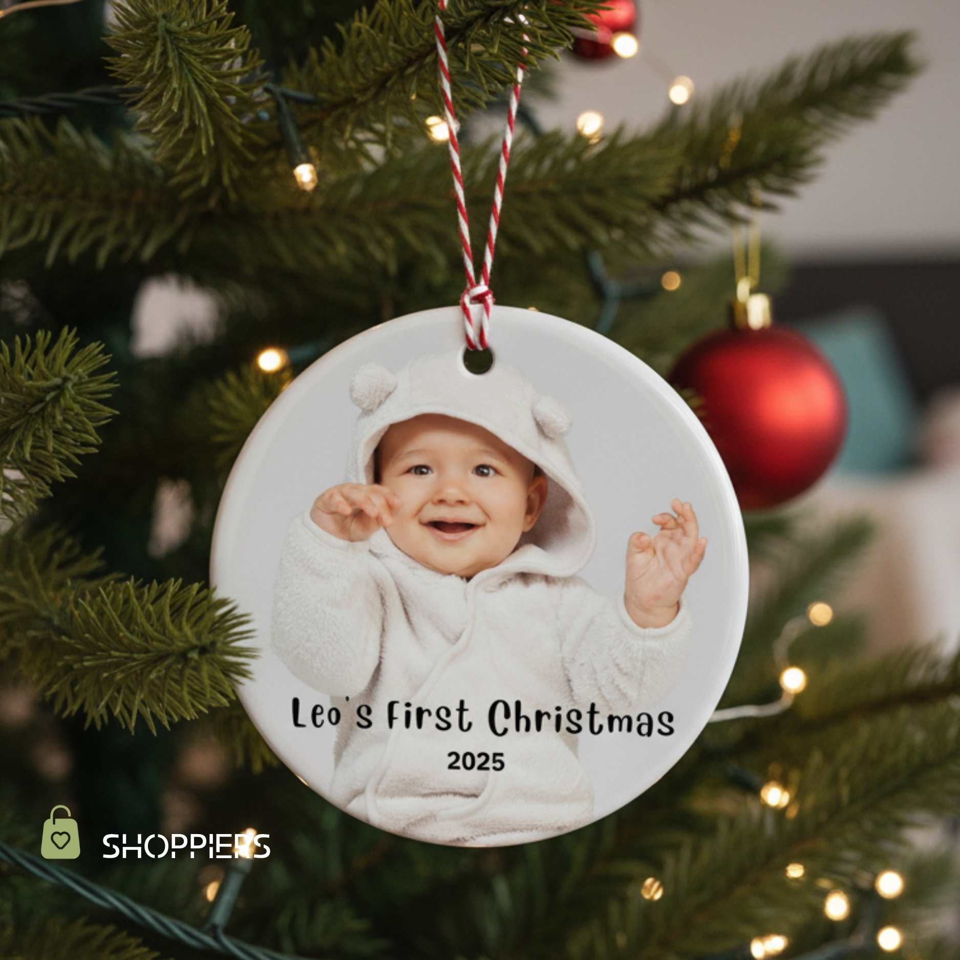 Personalized Baby's First Christmas Ornament With Photo 2025 • Custom Name Gift for Newborn Girl or Boy • Heart or Round Ornament Keepsake