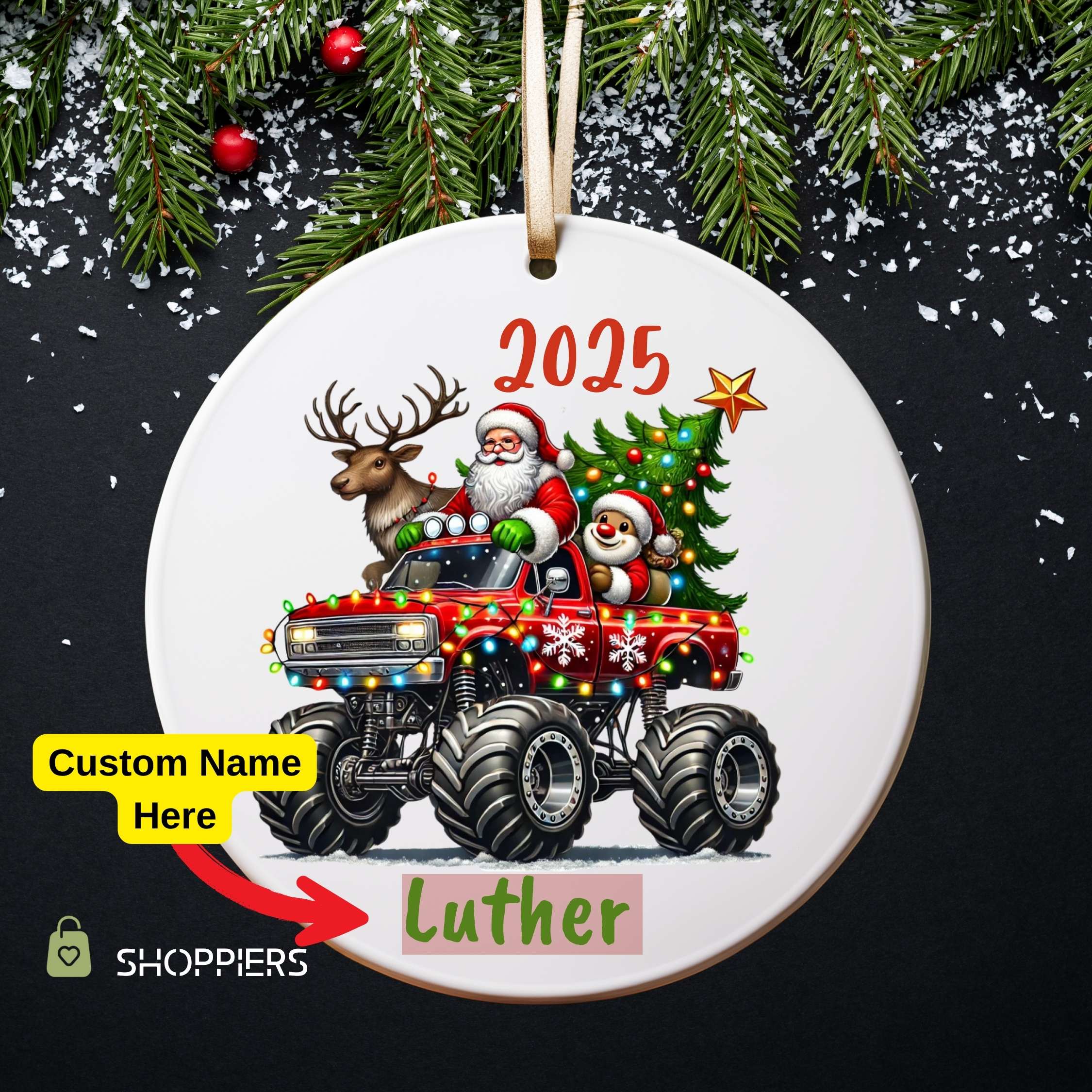Personalized Monster Truck Ornament 2025 | Custom Name Boy Gift Santa Truck Christmas Tree Decoration Ceramic Heart | Acrylic Glass Keepsake