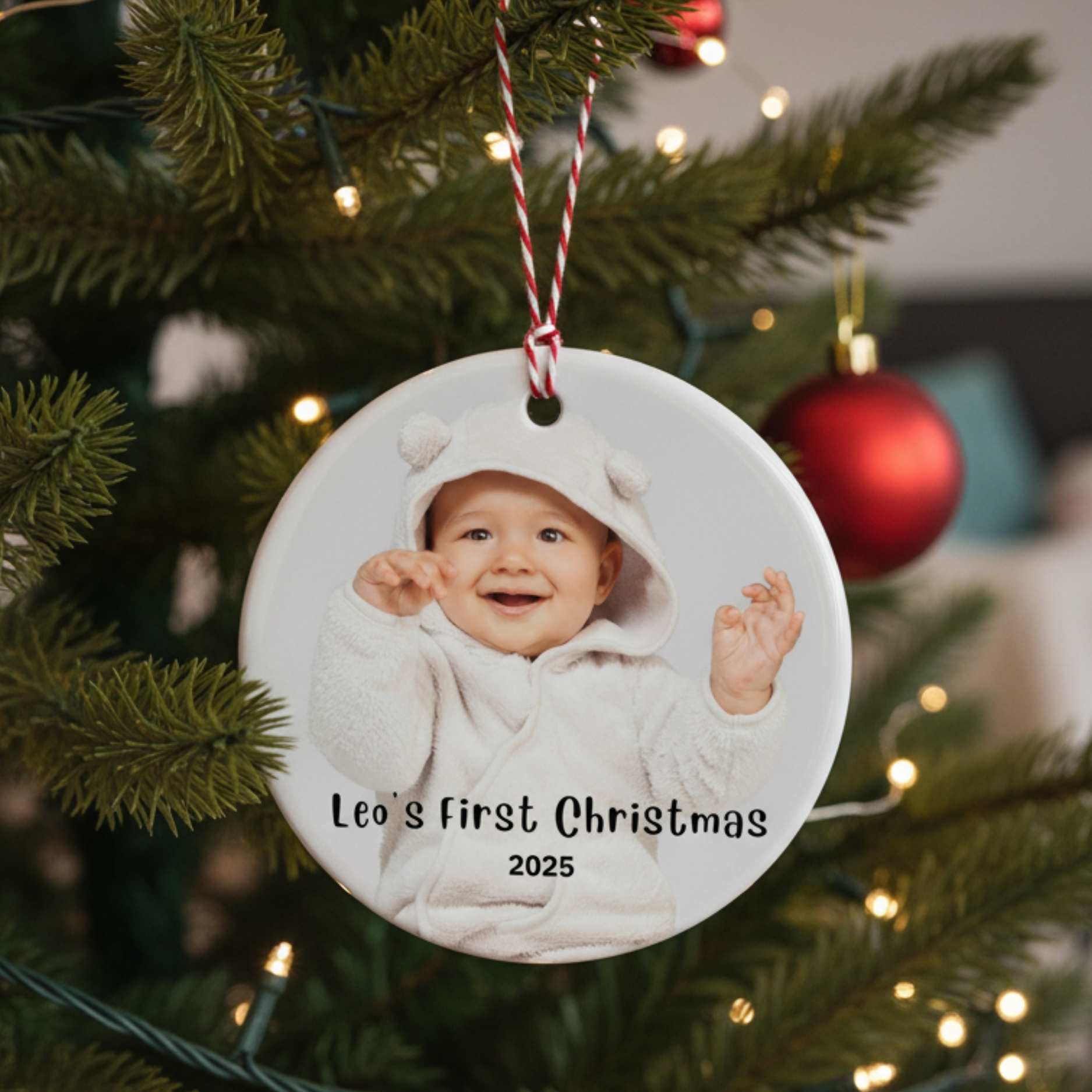 Personalized Baby's First Christmas Ornament With Photo 2025 • Custom Name Gift for Newborn Girl or Boy • Heart or Round Ornament Keepsake