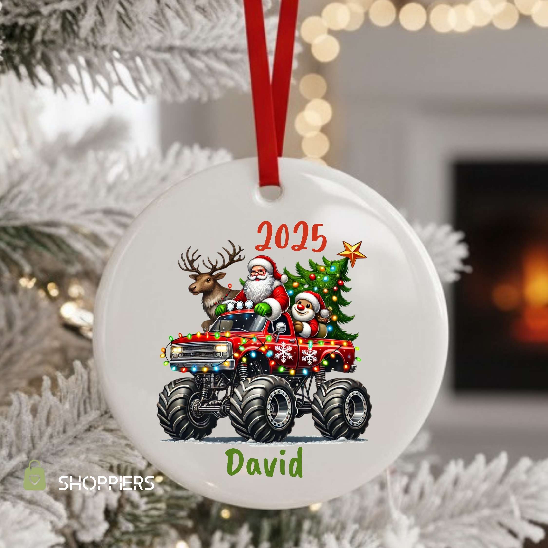 Personalized Monster Truck Ornament 2025 | Custom Name Boy Gift Santa Truck Christmas Tree Decoration Ceramic Heart | Acrylic Glass Keepsake