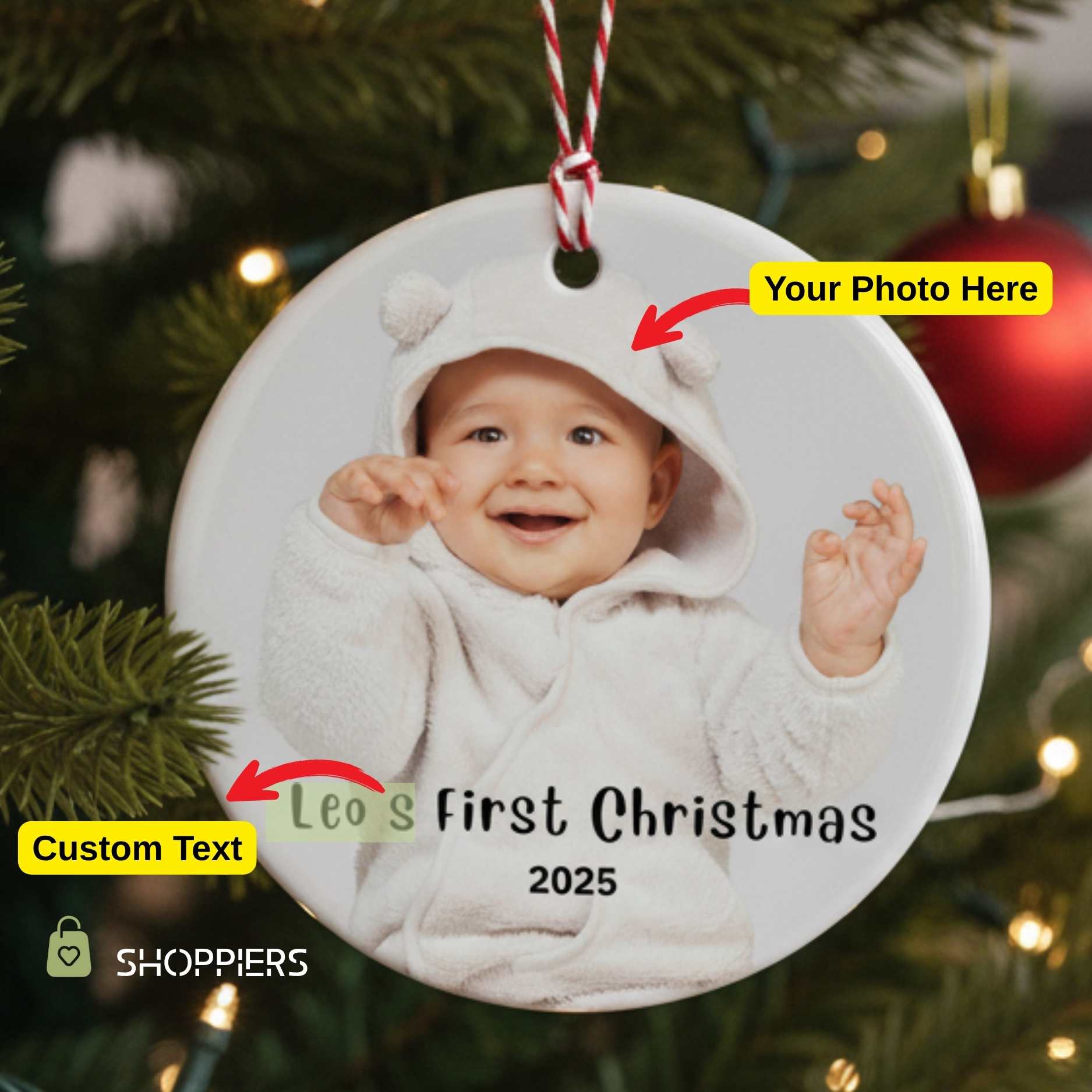 Personalized Baby's First Christmas Ornament With Photo 2025 • Custom Name Gift for Newborn Girl or Boy • Heart or Round Ornament Keepsake