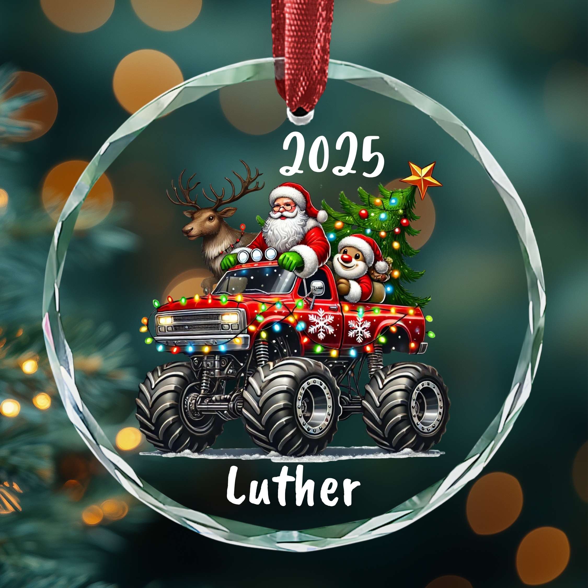 Personalized Monster Truck Ornament 2025 | Custom Name Boy Gift Santa Truck Christmas Tree Decoration Ceramic Heart | Acrylic Glass Keepsake