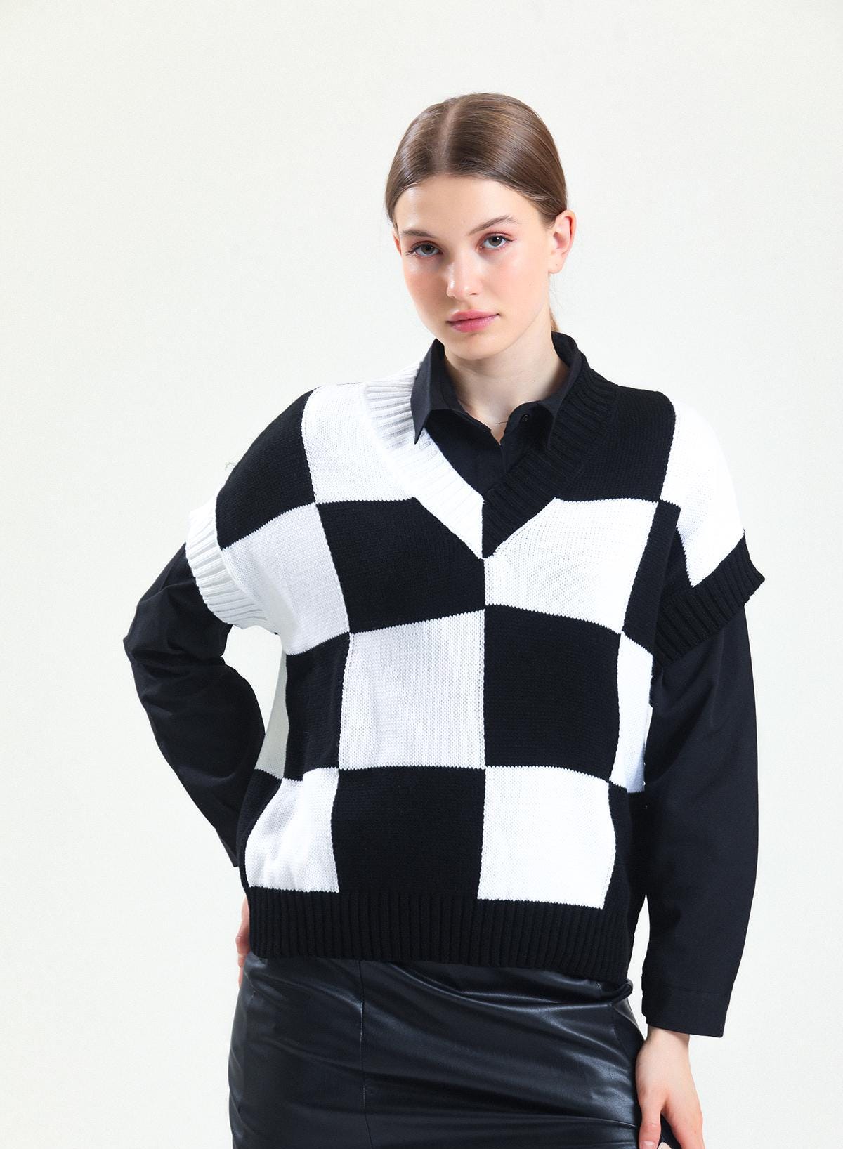 Checkered Knit Vest: Black and White Boho Sweater