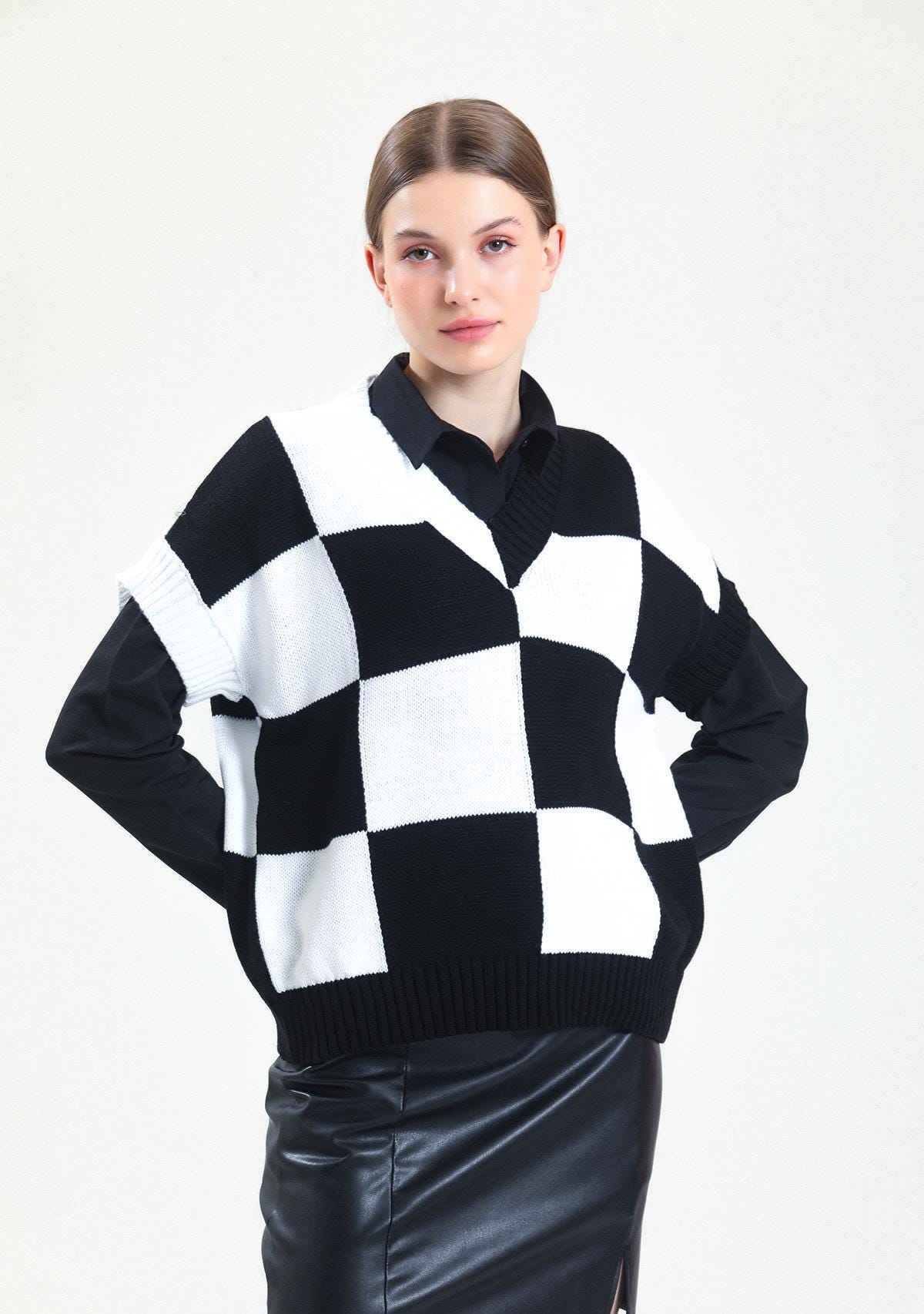 Checkered Knit Vest: Black and White Boho Sweater - Image 3